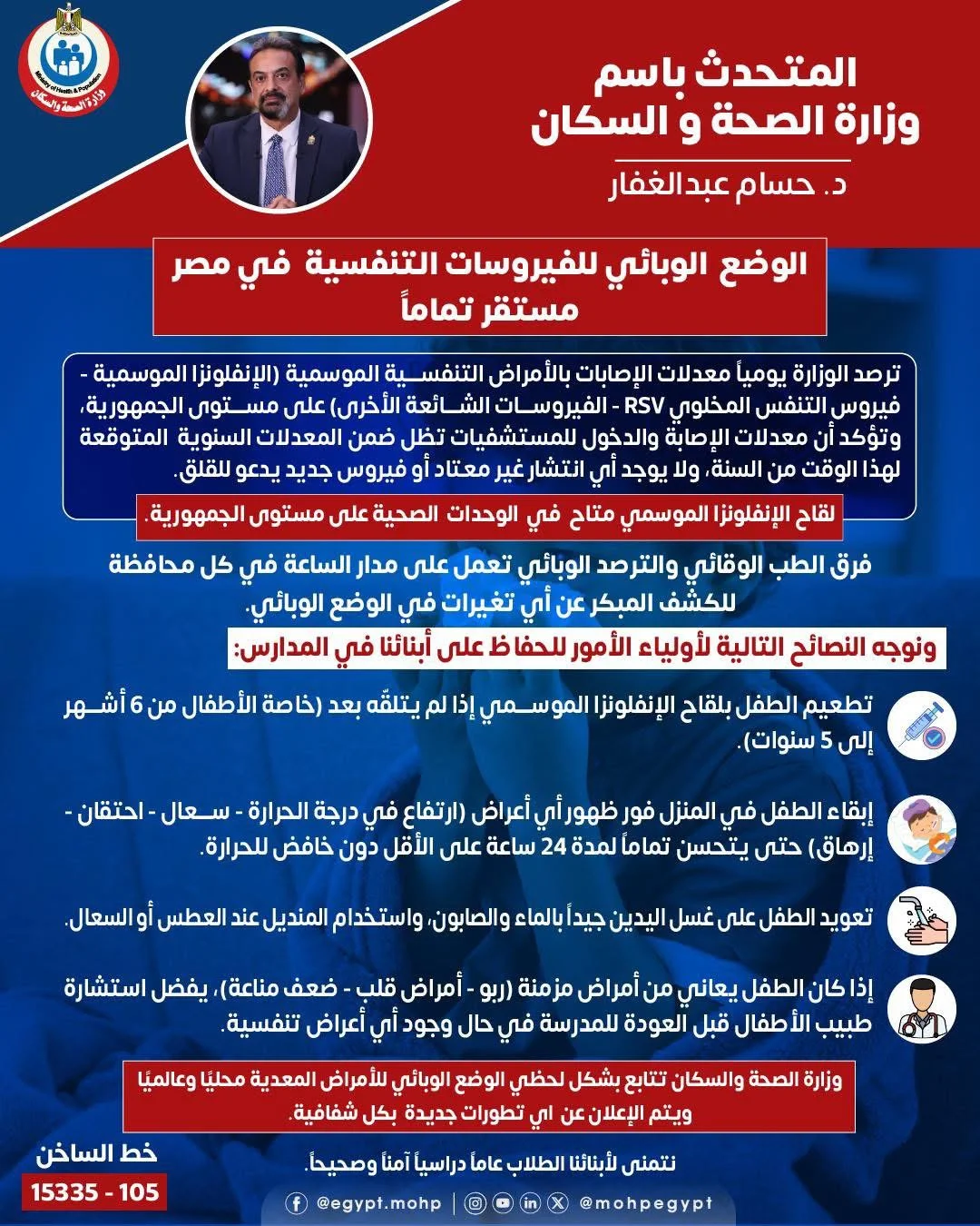 مصر تنبض بالأمان الصحي: المتحدث الرسمي يعلن “استقرار وبائي كامل” للفيروسات التنفسية