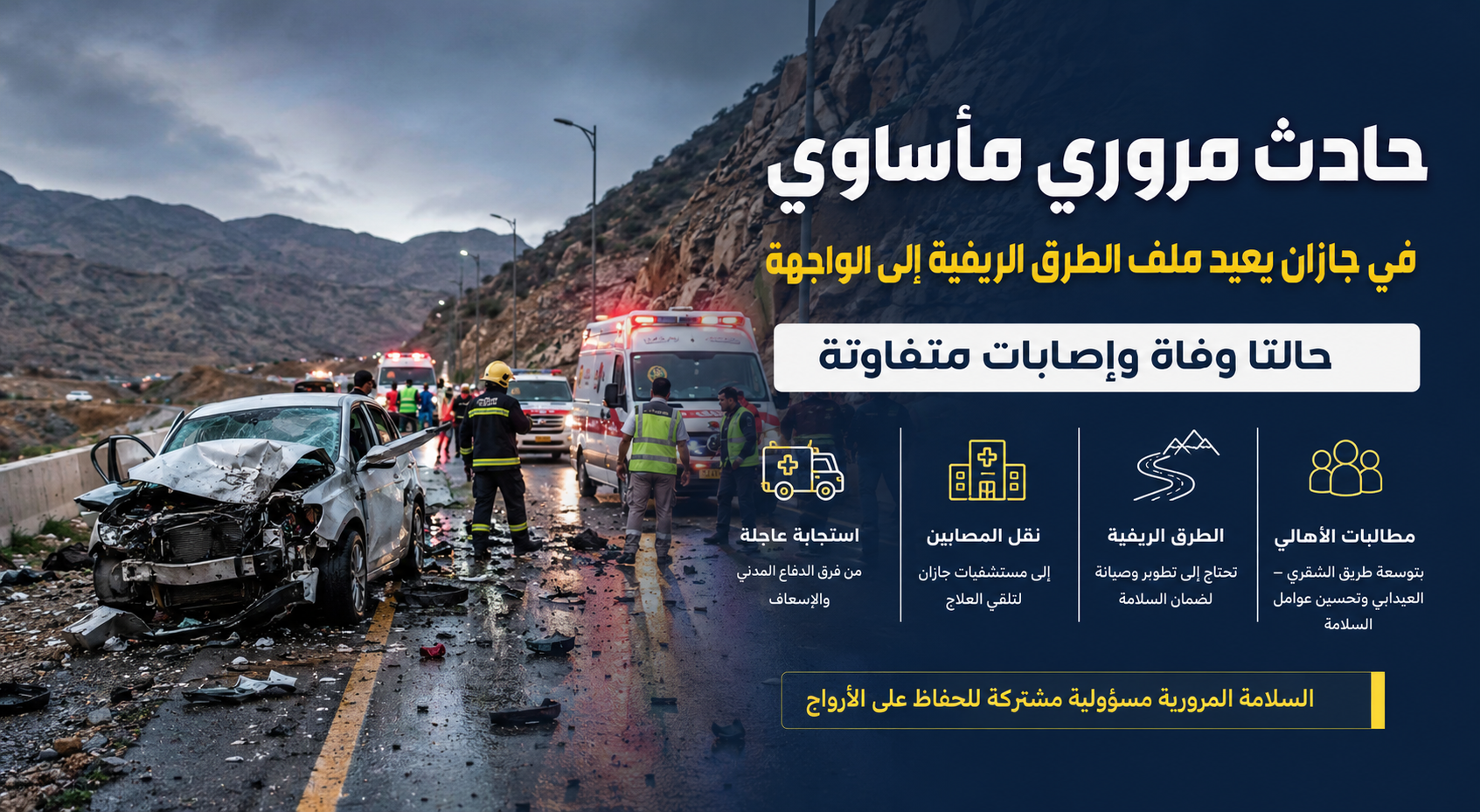 حادث مروري مأساوي في جازان يعيد ملف الطرق الريفية إلى الواجهة.. حالتا وفاة وإصابات متفاوتة
