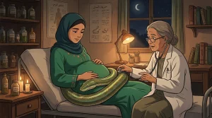 أفعى ضخمة تلتف حول بطن امرأة حامل