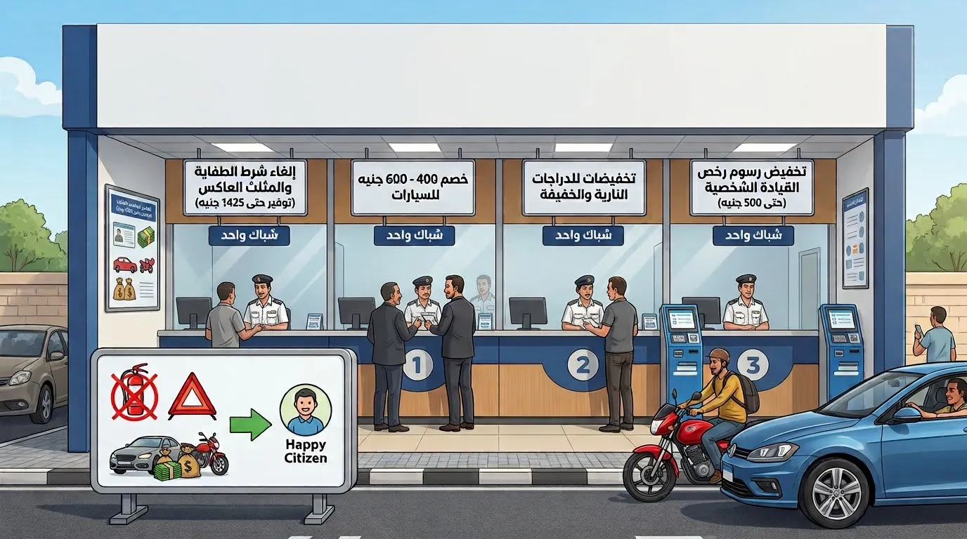 تسهيلات جديدة في وحدات المرور المصرية| تخفيض شامل للرسوم وإلغاء شرط الطفاية والمثلث بدءًا من أكتوبر